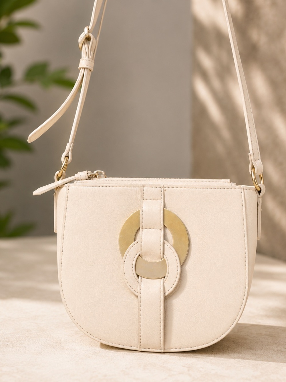 Minimalist Cream Crossbody Bag with Gold Ring Detail